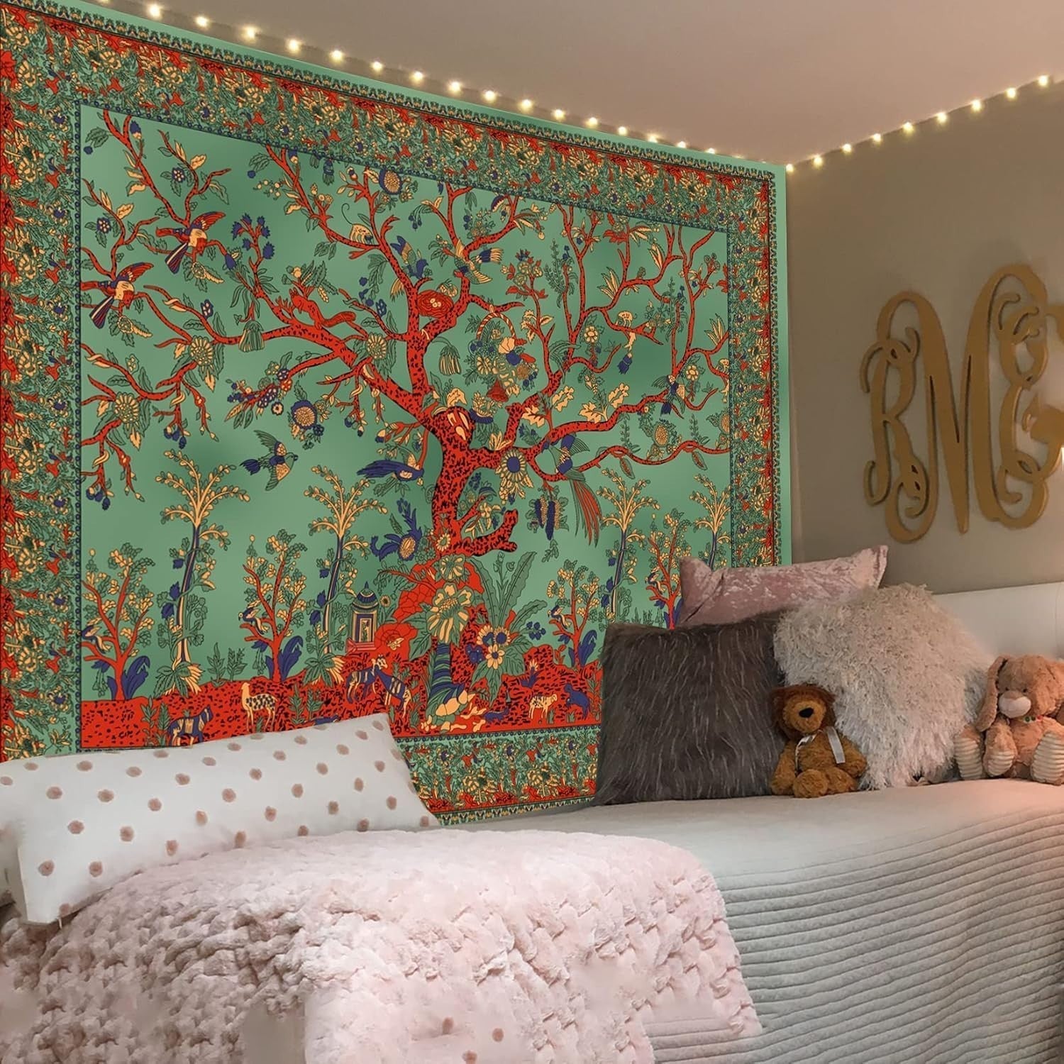 Tree of Life Tapestry Boho Wall Hanging HD Print Aesthetic Decor Green