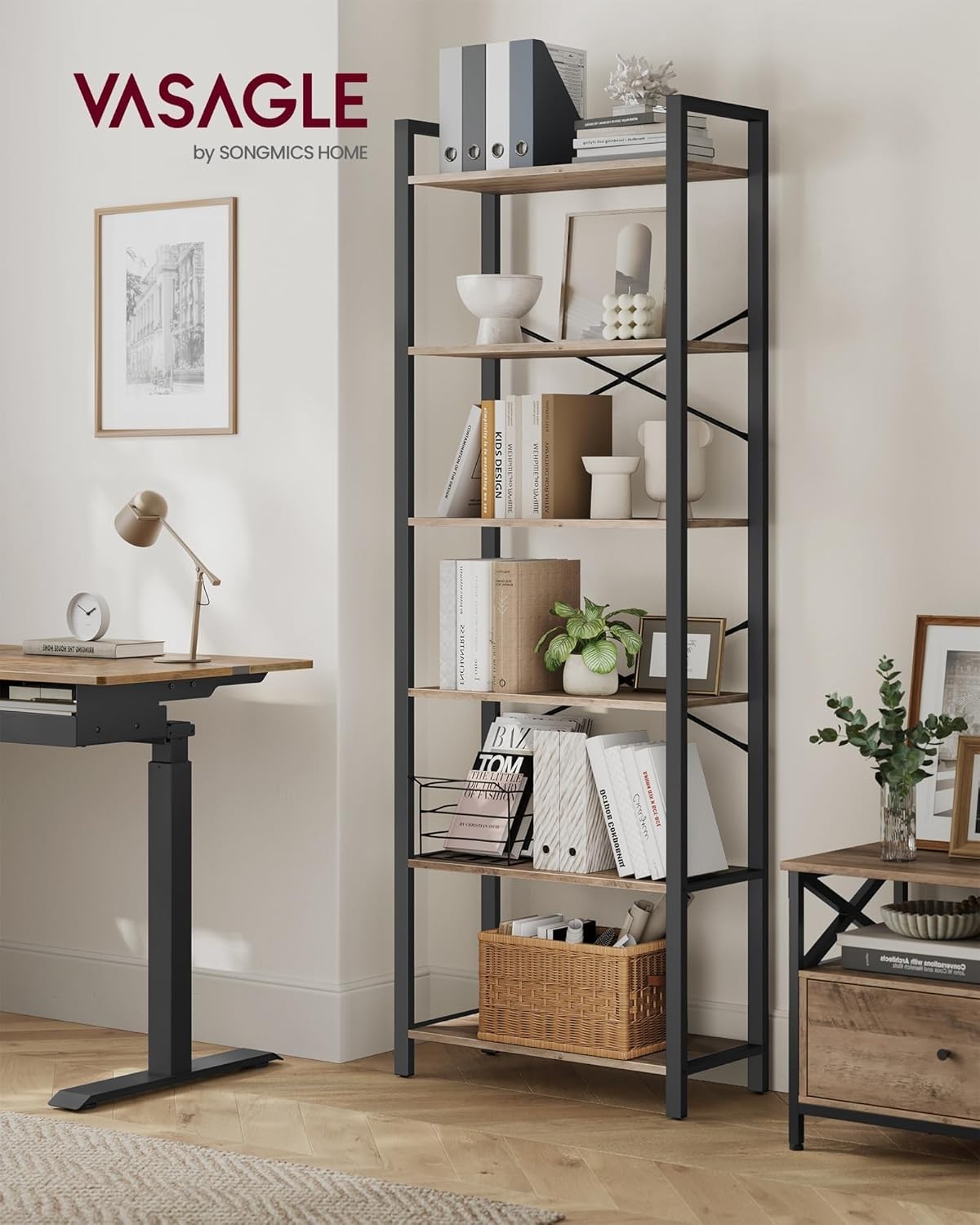 6-Tier Industrial Bookshelf 186cm Tall Wide Storage Unit Heather Greige