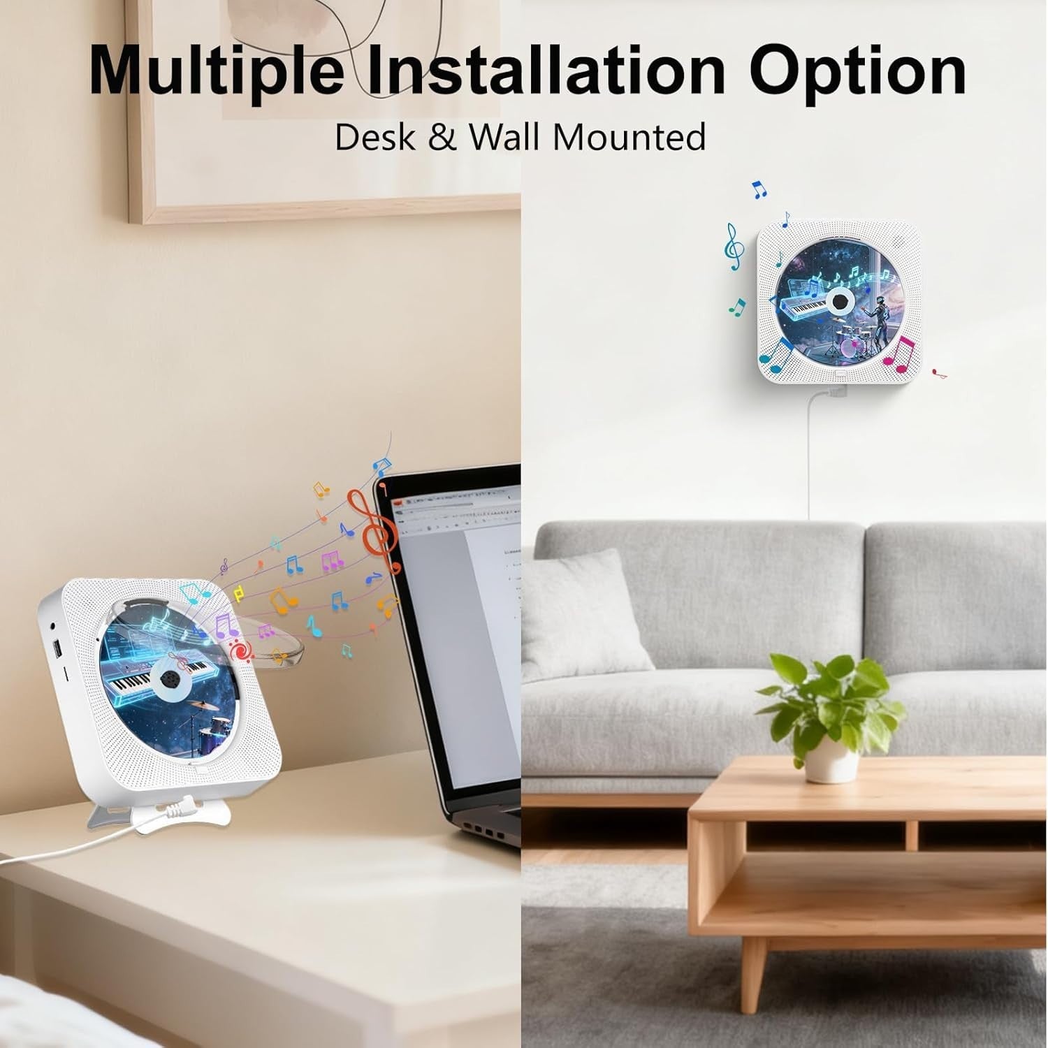 Portable Bluetooth CD Player Wall Mount HiFi Speakers FM USB TF Remote