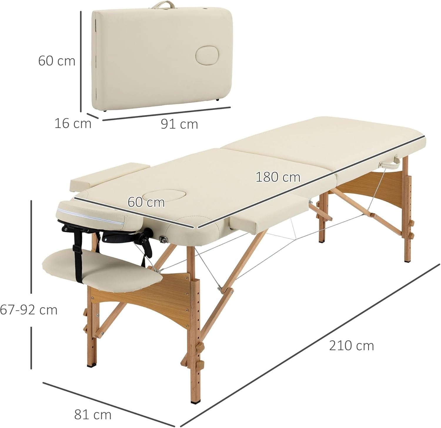 Portable Massage Table Folding 2-Section Wooden Beauty Spa Bed w/ Bag Cream