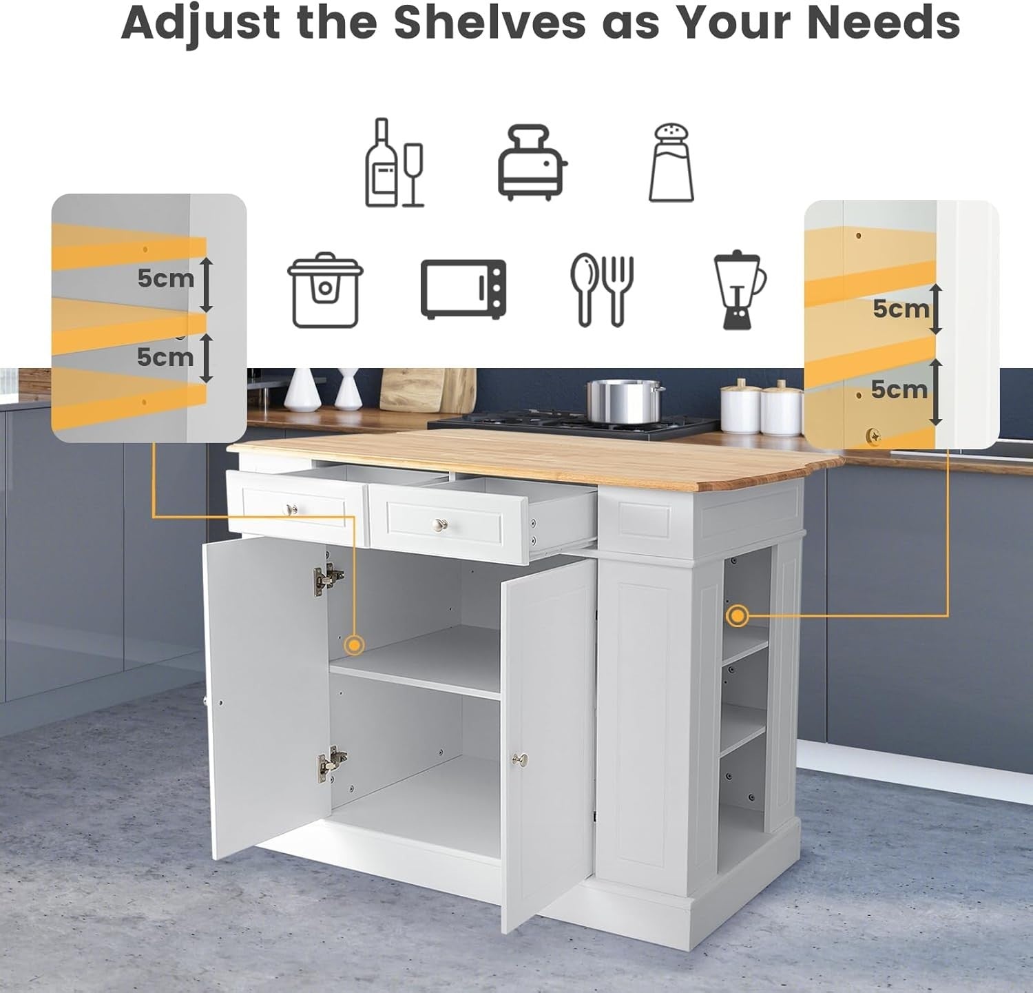 Extendable Kitchen Island Cart with Storage Drawers, Adjustable Shelves.
