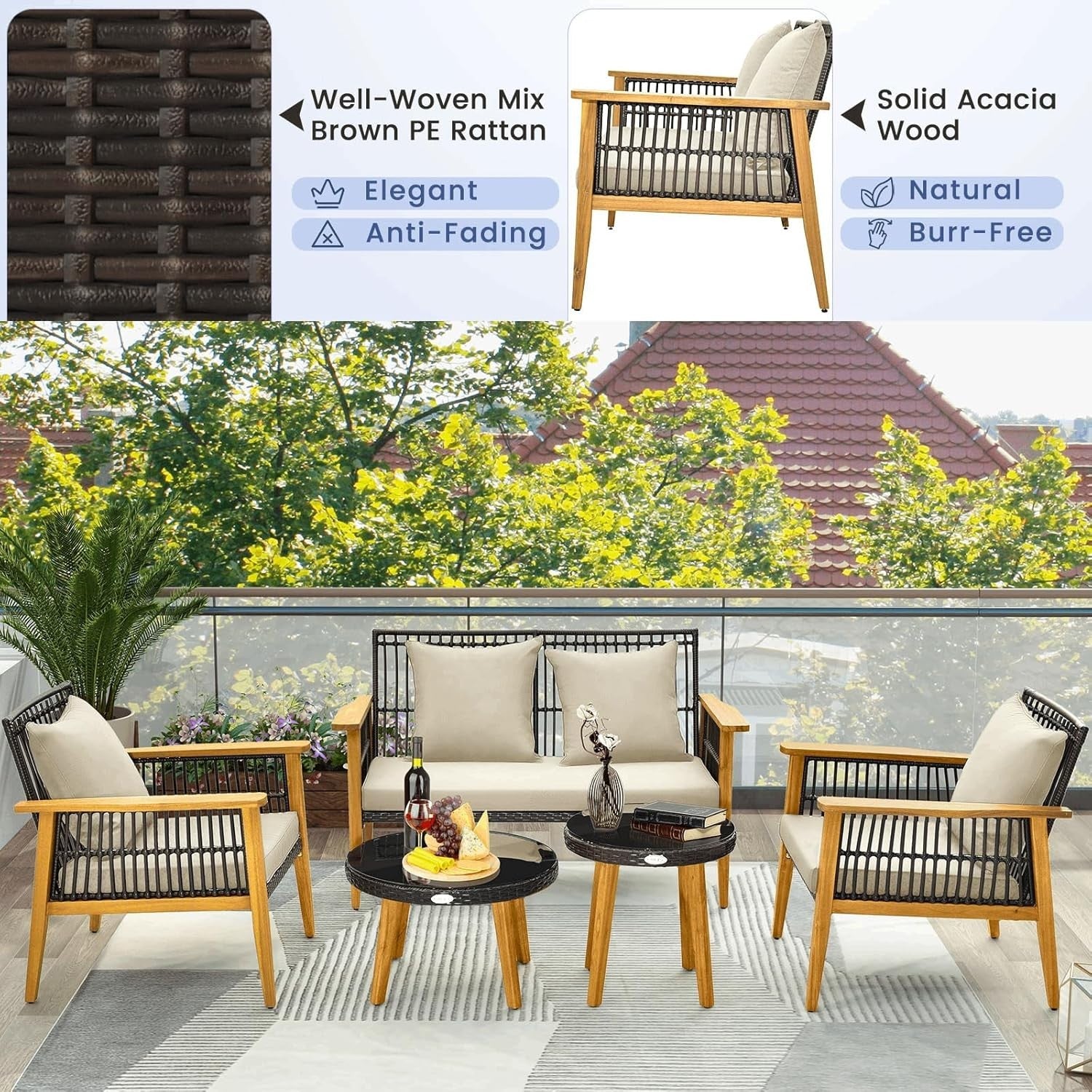 5 Piece Rattan Garden Conversation Set Sofa Chairs Tables Outdoor Patio