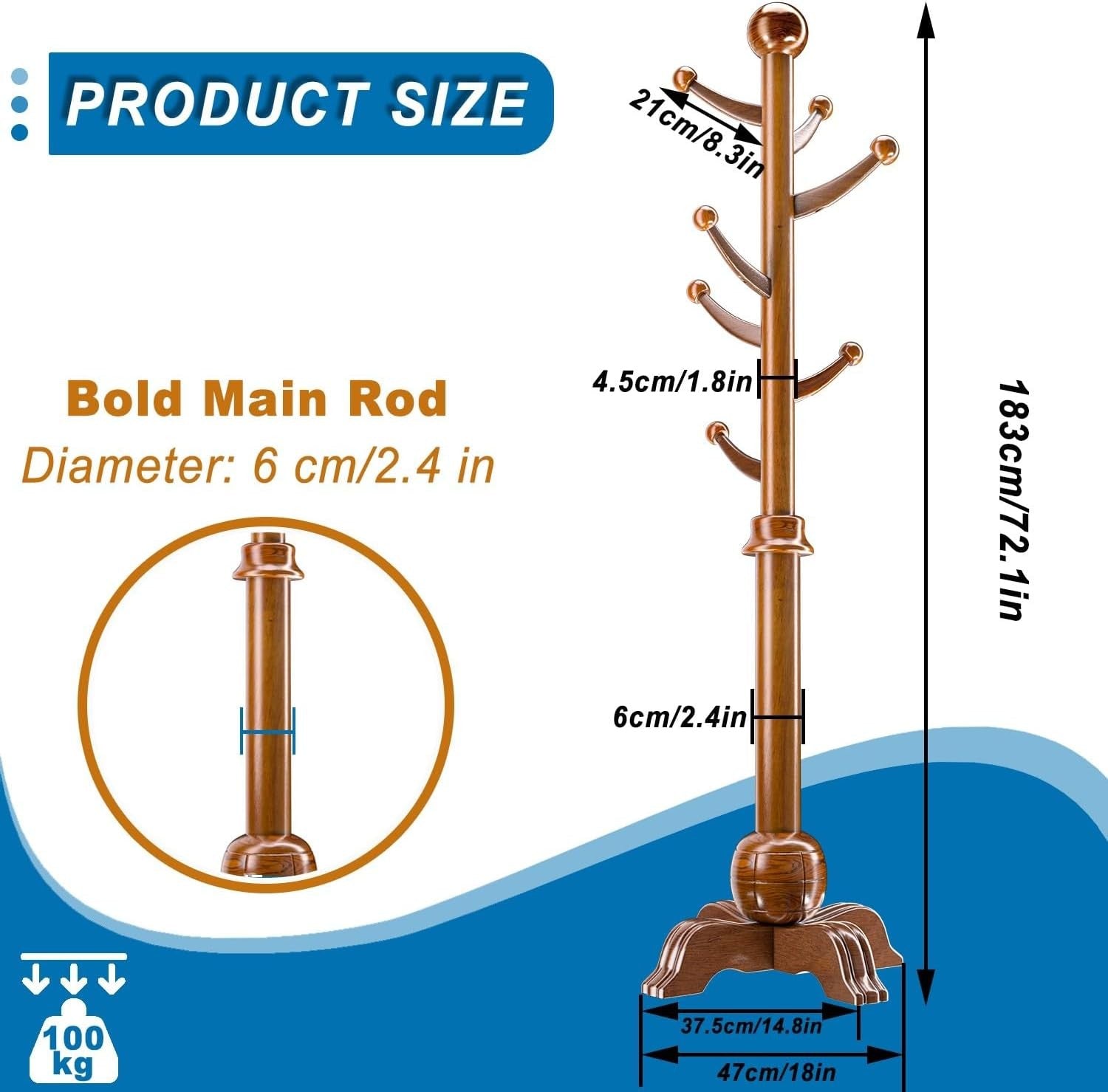 Wood Standing Coat Rack 8 Hooks | Heavy Duty Hat & Coat Stand 173cm