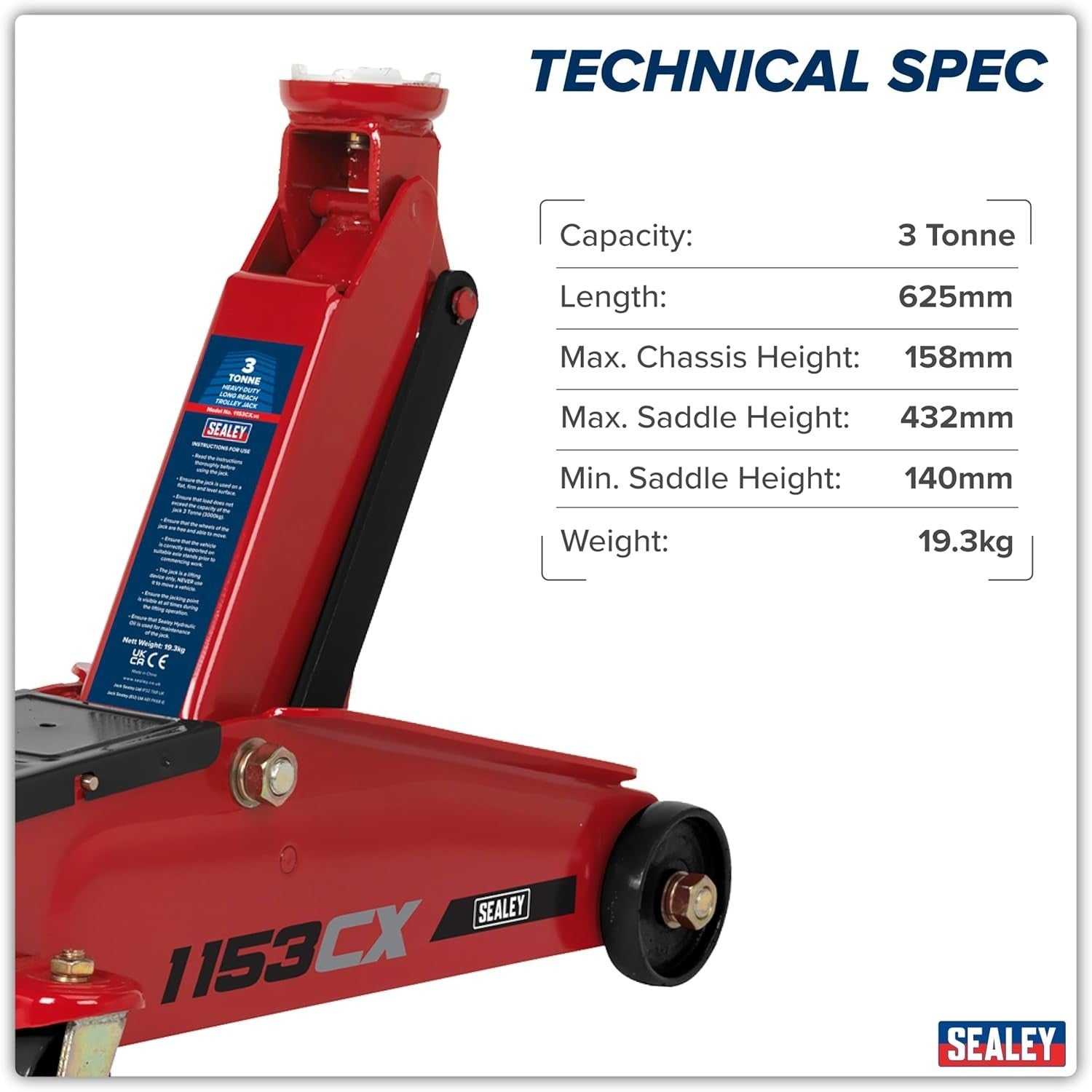3 Ton Long Chassis Hydraulic Trolley Jack 140–432mm Heavy Duty Red