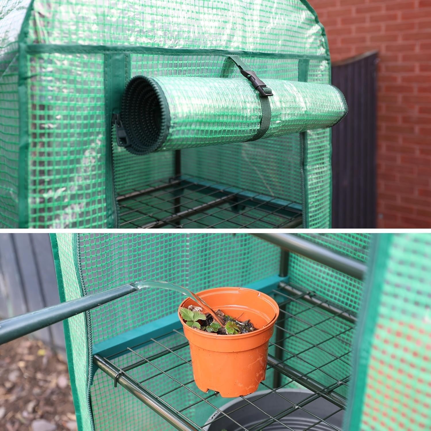 2 Tier Mini Greenhouse with Roll-Up Door | Compact Outdoor Plant Stand