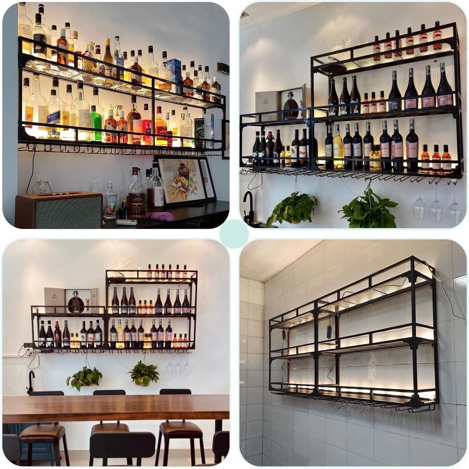 Wall Mounted Wine Rack With Glass Holder Bar Bottle Shelf Gold Metal 180x25x90cm