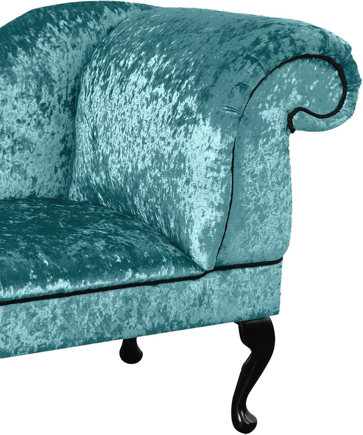 Luxury Left Hand Velvet Chaise Lounge Chair Aqua Blue with Queen Anne Legs.