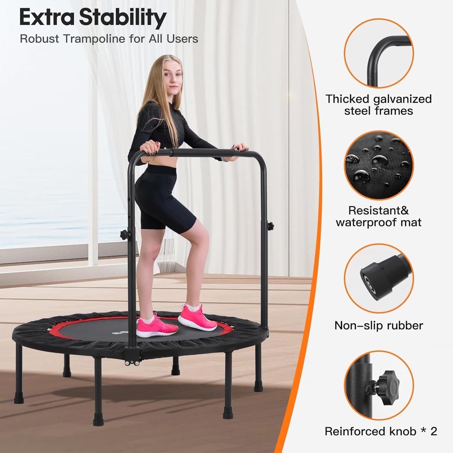 40'' Fitness Trampoline Foldable Rebounder Adjustable Handle Indoor Workout