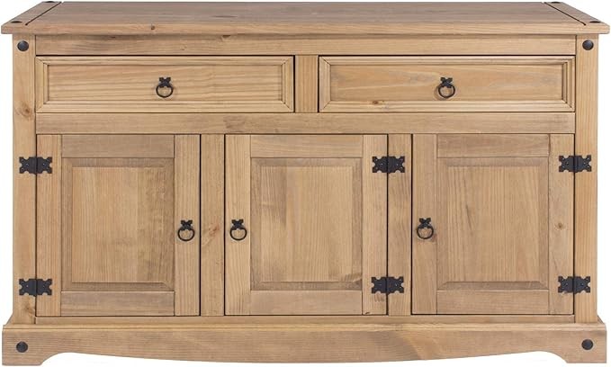 Solid Pine Sideboard Cabinet with 3 Doors & 2 Drawers, Rustic Wooden Storage
