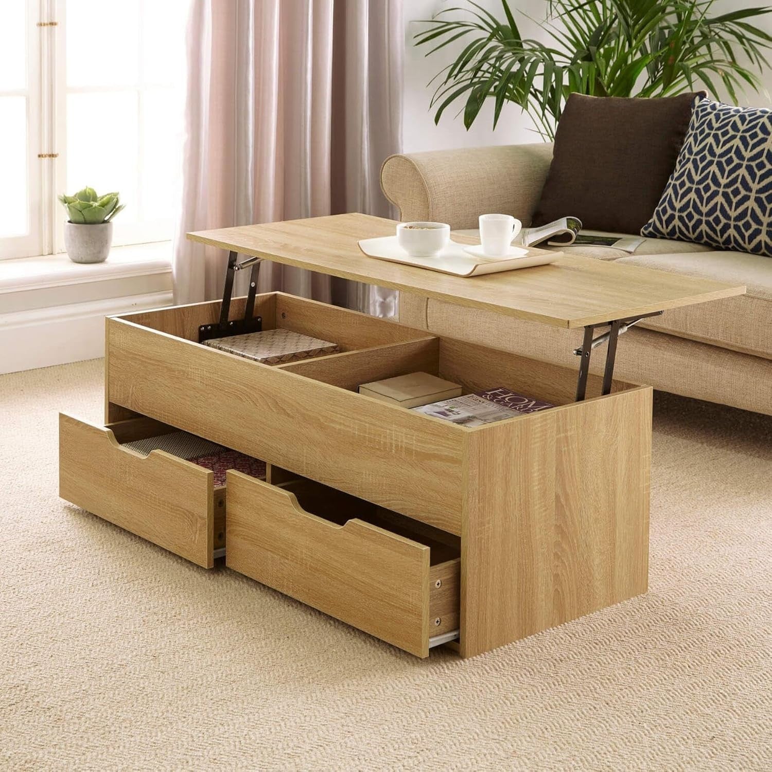 Oak Effect Lift-Top Coffee Table with Locking Storage Drawers 115x50x40cm
