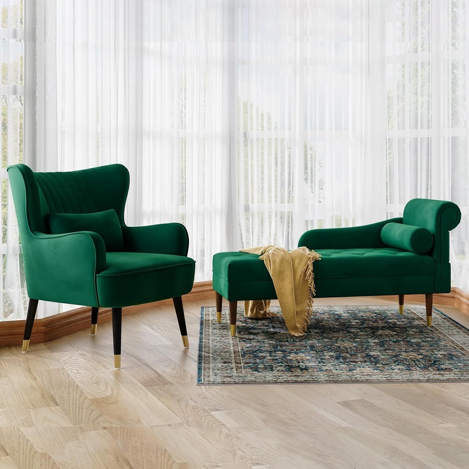 Velvet Right Armrest Chaise Lounge Green with Lumbar Pillow & Tool-Free Setup