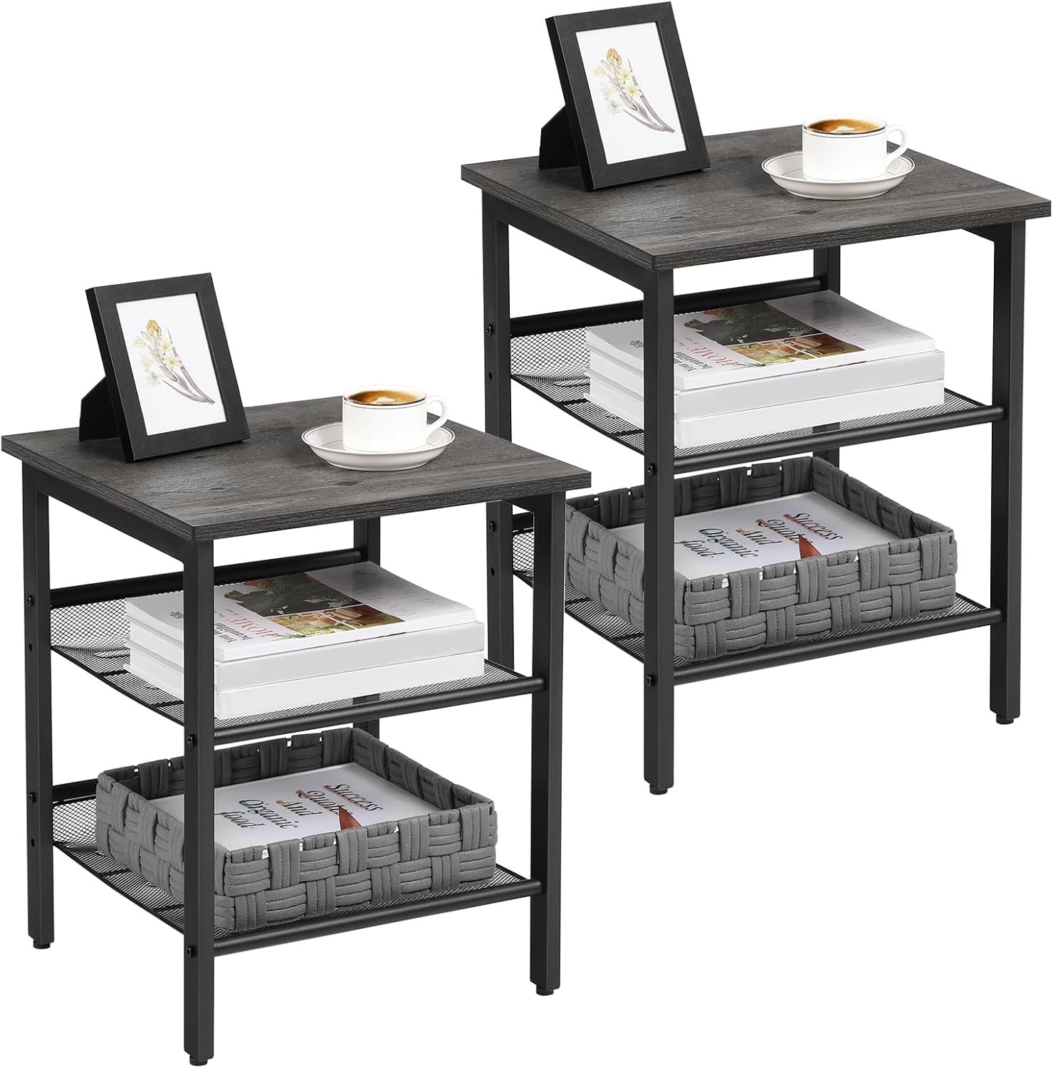 Set of 2 Industrial Bedside Tables with Adjustable Mesh Shelves, Charcoal Grey