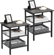 Set of 2 Industrial Bedside Tables with Adjustable Mesh Shelves, Charcoal Grey