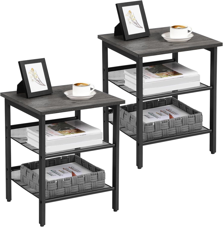 Set of 2 Industrial Bedside Tables with Adjustable Mesh Shelves, Charcoal Grey