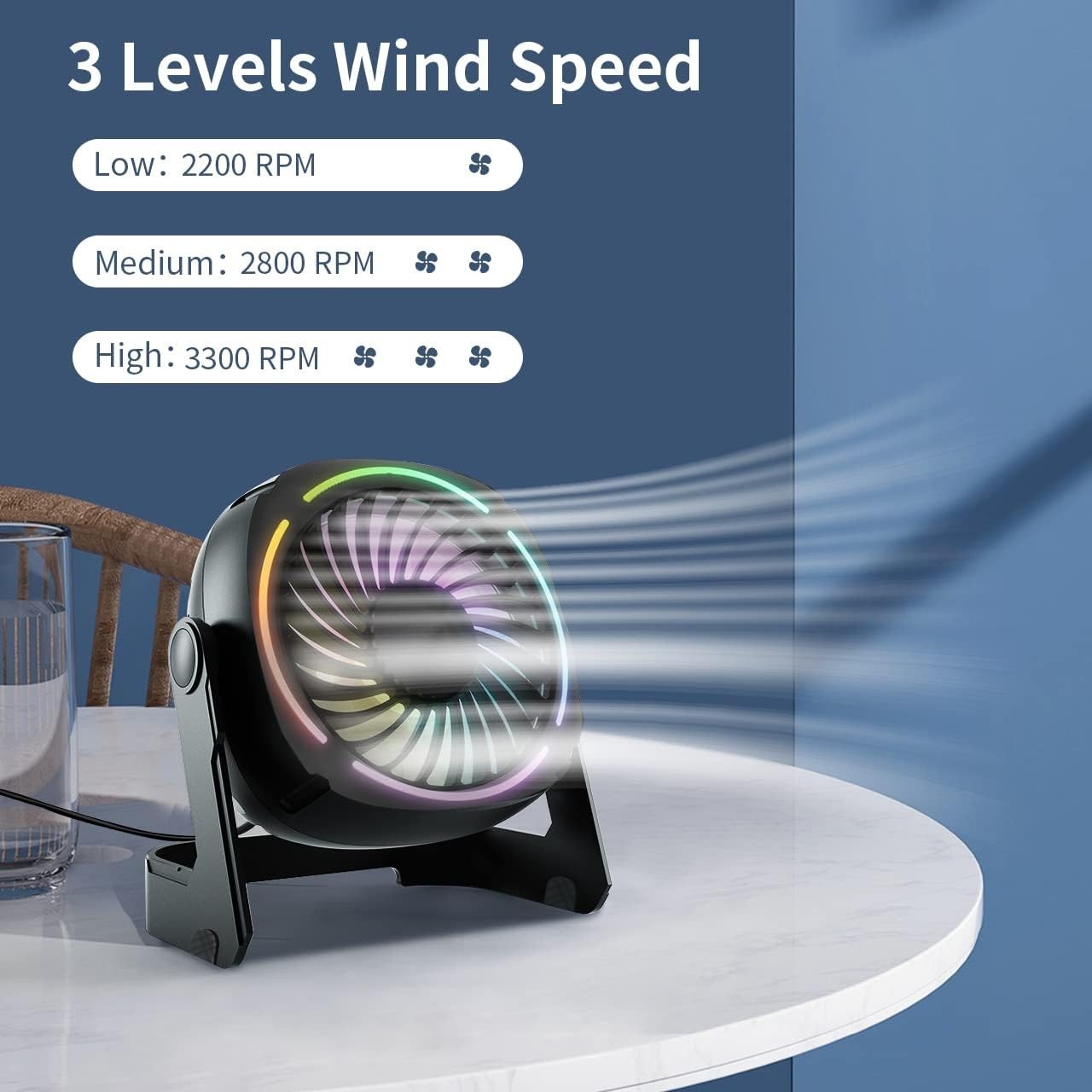 Black USB Desk Fan – 5.3" Portable 3-Speed Fan w/ 8-Color LED & 360° Rotation