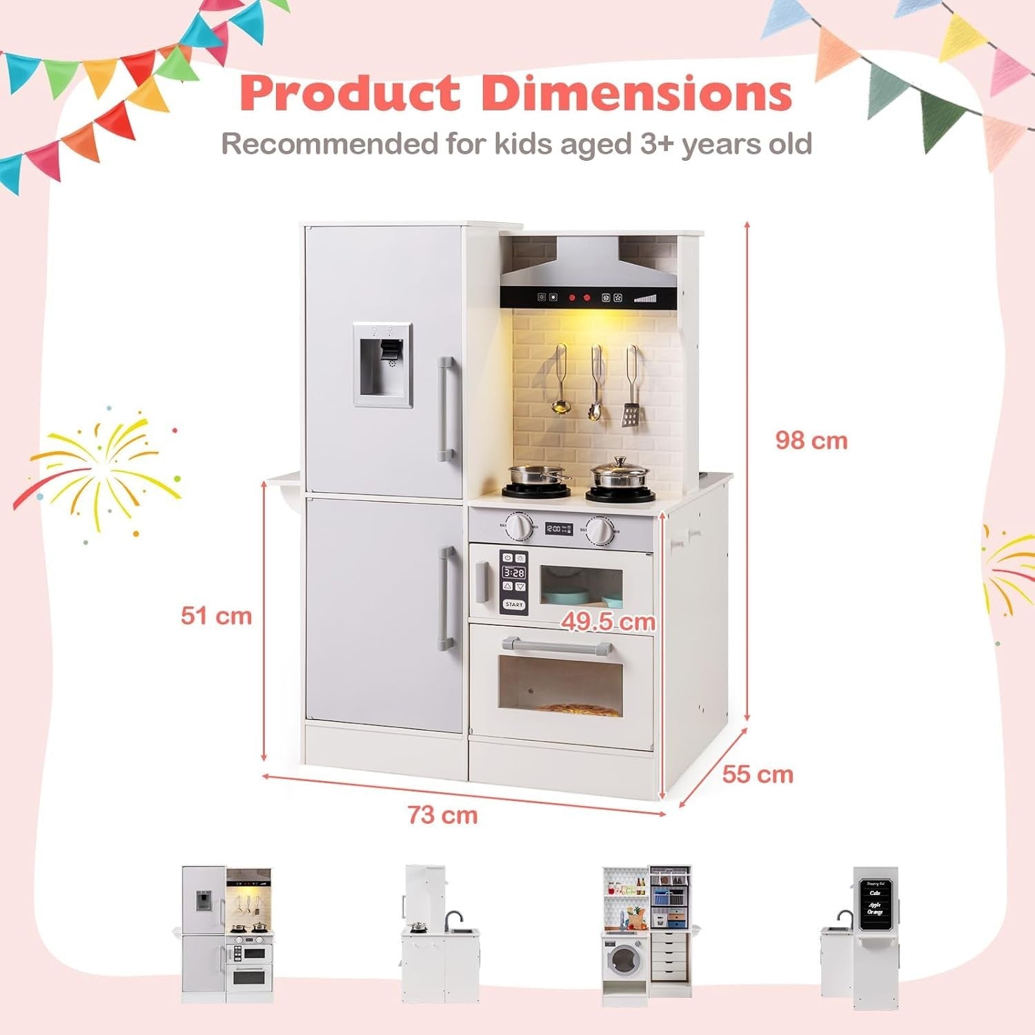 Kids Wooden Play Kitchen Laundry Set Lights Sounds White Toy Set
