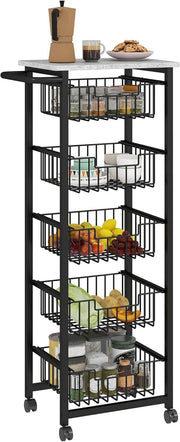 5 Tier Rolling Kitchen Island Cart Storage Trolley Mesh Baskets Grey