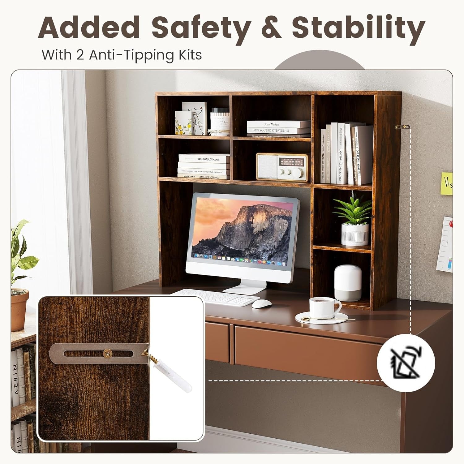 Rustic Brown Desktop Bookshelf 3-Shelf Adjustable Hutch Organizer Rack 94cm