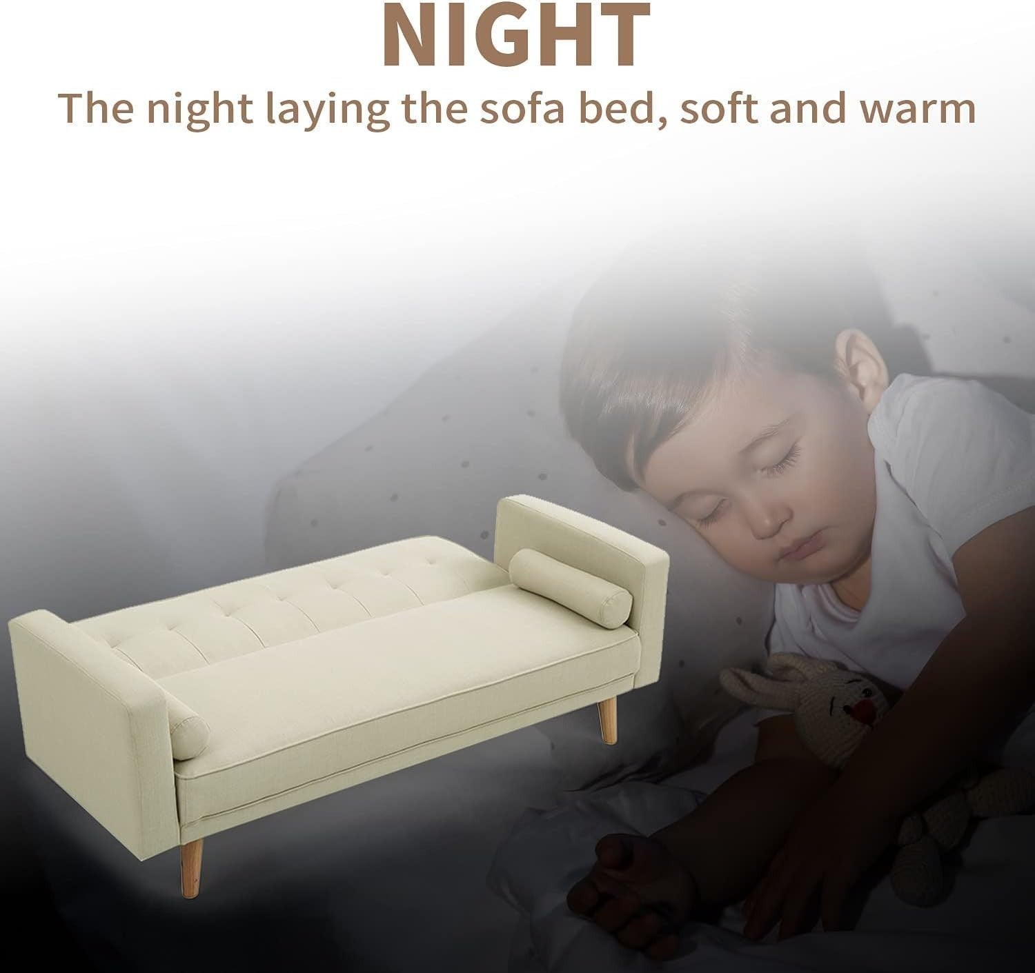 Cream 3 Seater Sofa Bed Linen Fabric Click Clack Couch for Guest Rooms