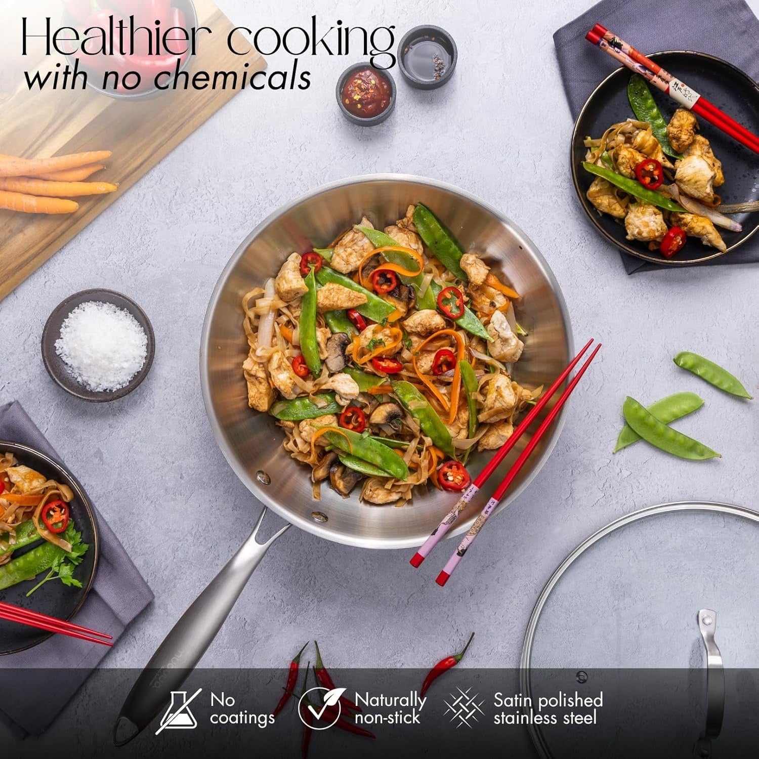 Stainless Steel Wok Pan 28cm Non Stick Induction Deep Fry Pan with Glass Lid