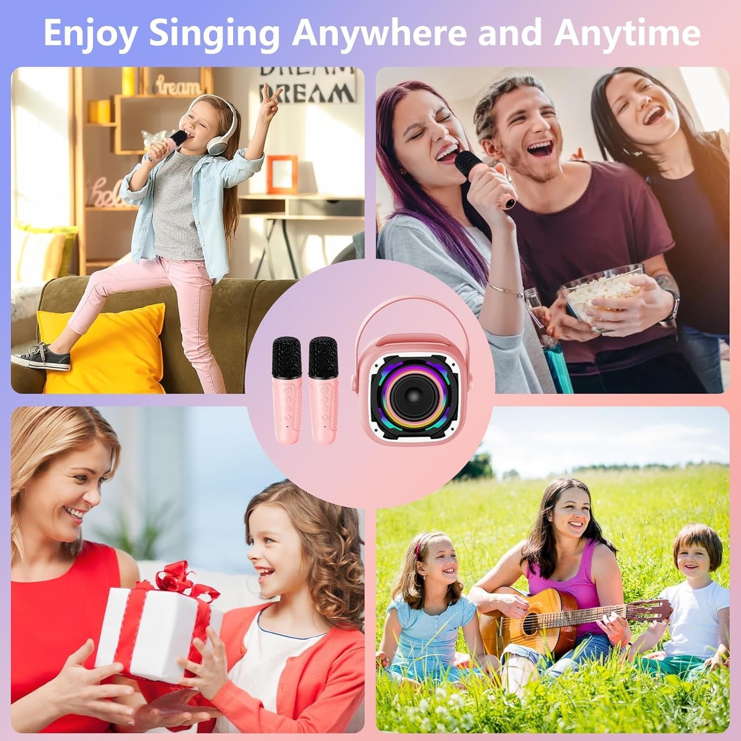 Kids Mini Karaoke Machine 2 Mics Bluetooth LED Speaker