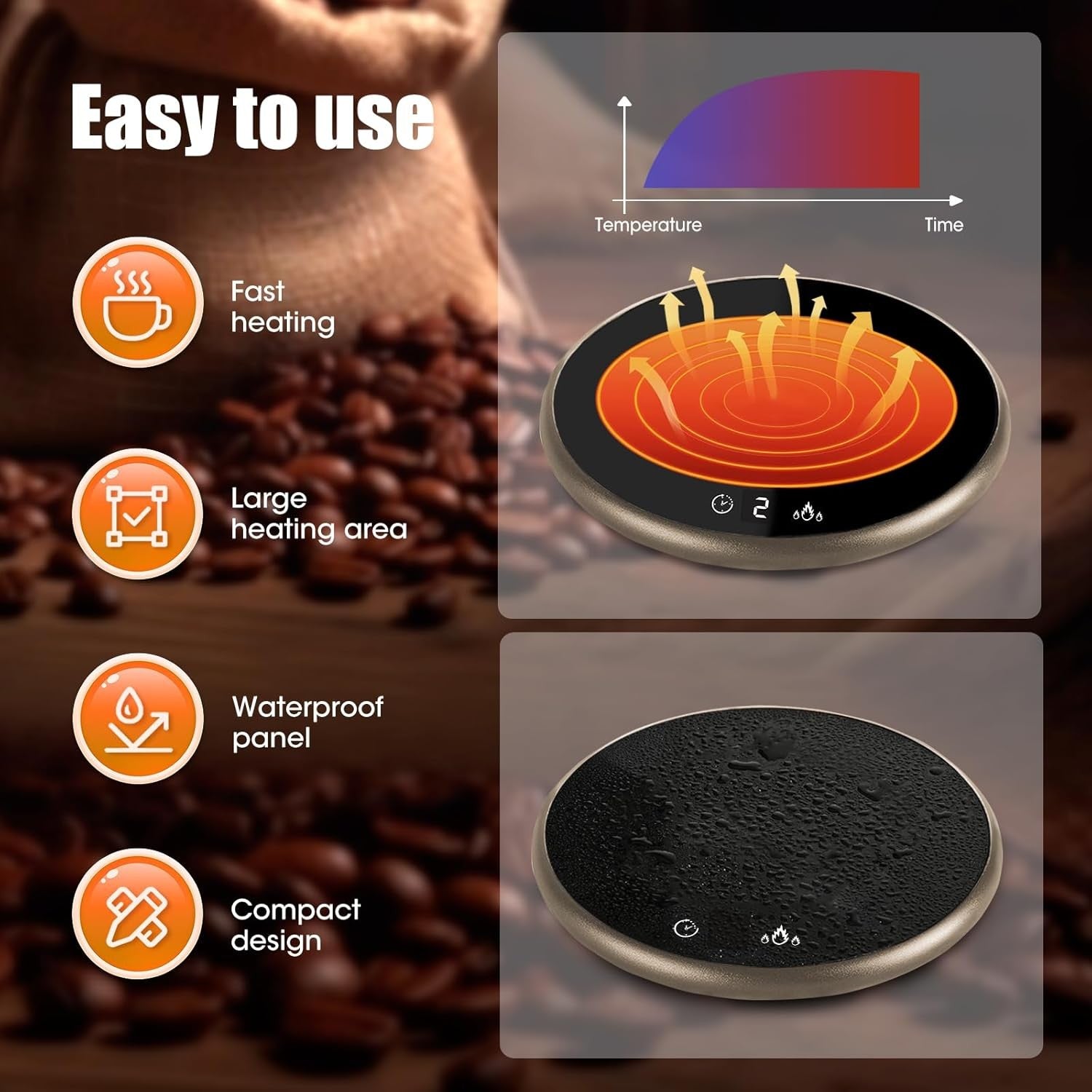 Smart Coffee Mug Warmer – Touch Control, LED Display, Coffee Brown