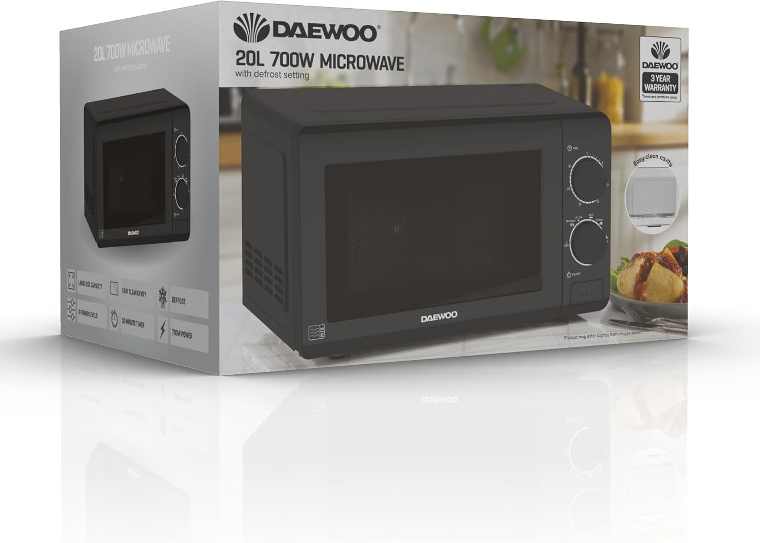 Daewoo 20L Manual Microwave 700W 6 Power Levels Defrost Timer Black