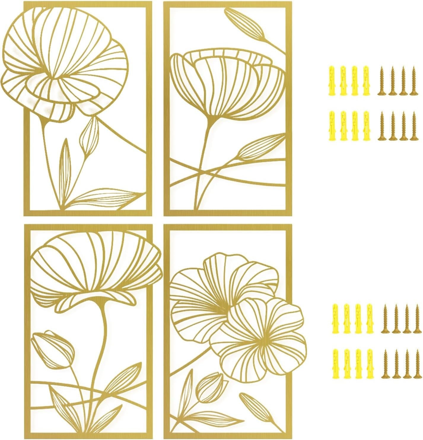 Gold Metal Wall Art Set of 4 Lotus Flower 3D Line Sculptures Modern Decor