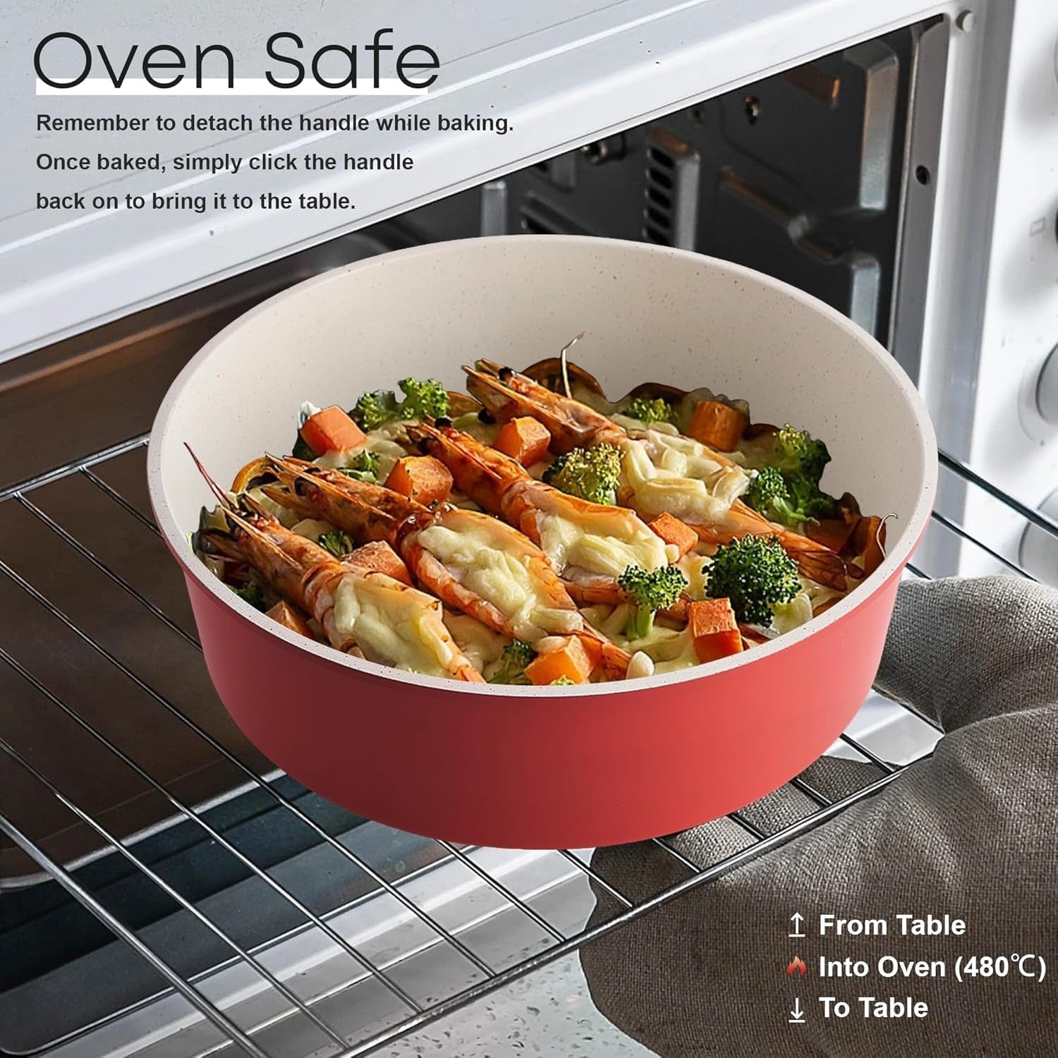 5Pcs Red Pots Pans Set with Glass Lids & Detachable Handle Induction Safe