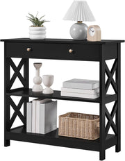 Compact Console Table with Drawer & 2 Shelves, Black, 80x30x80cm, Slim