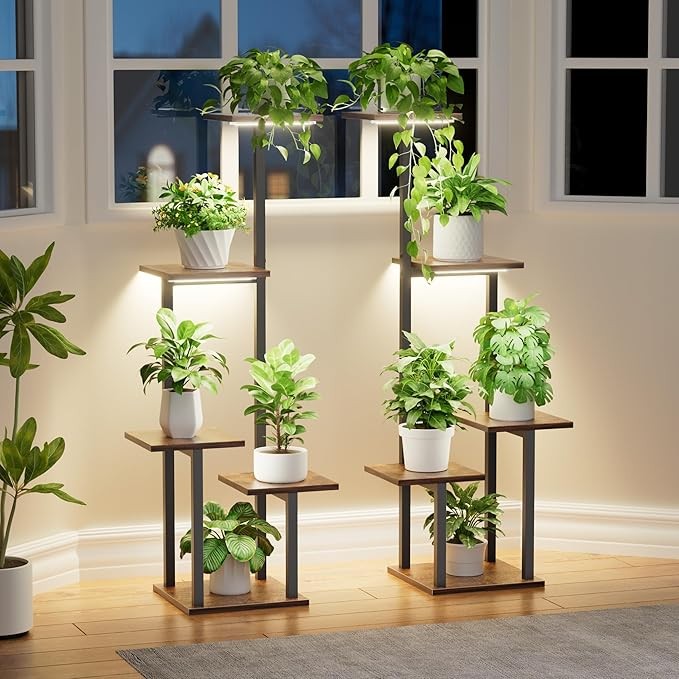 5 Tier Metal Plant Stand with Grow Lights Indoor Corner Shelf Set of 2, 100cm Ta