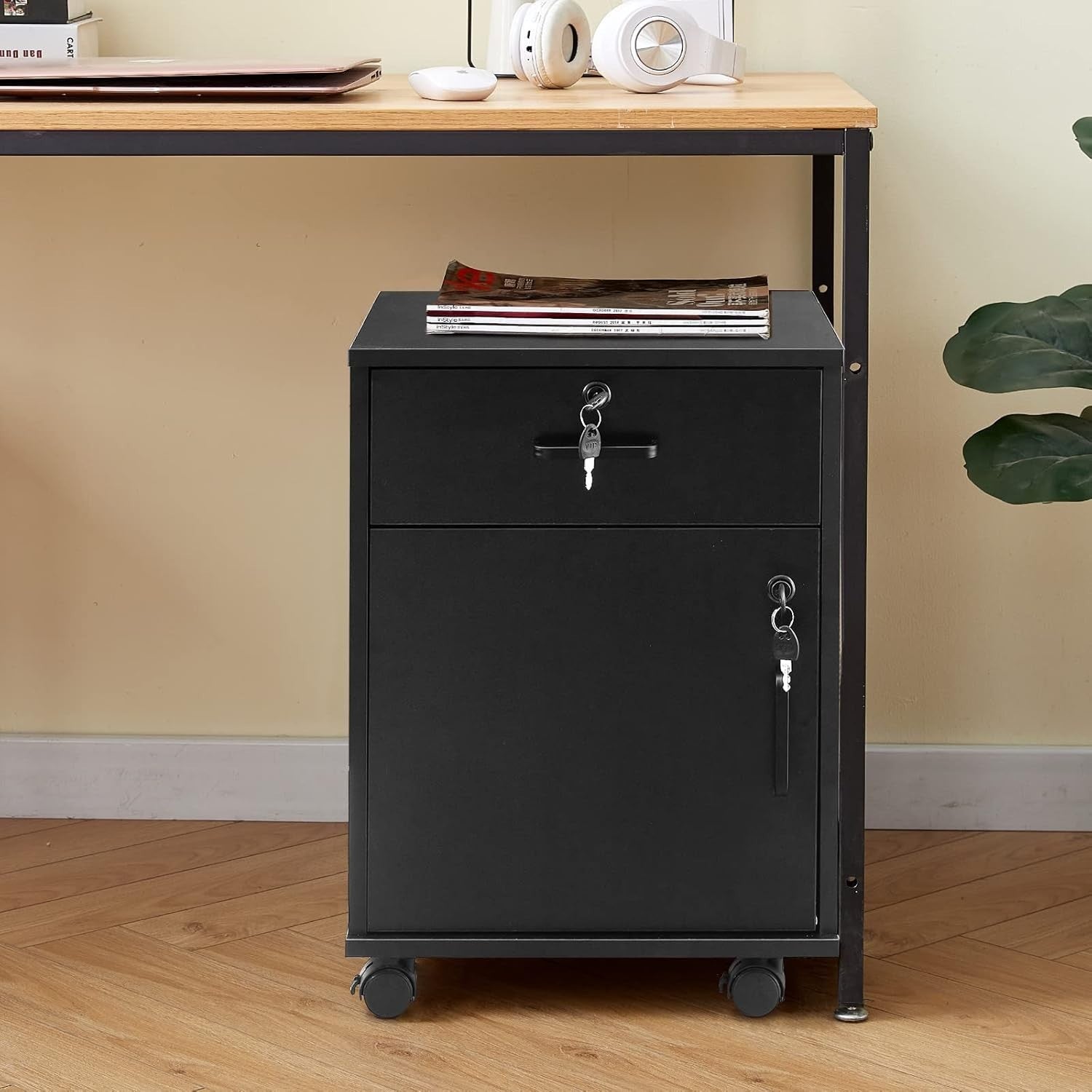 Black Mobile File Cabinet 40cm Lockable Under Desk Printer Stand