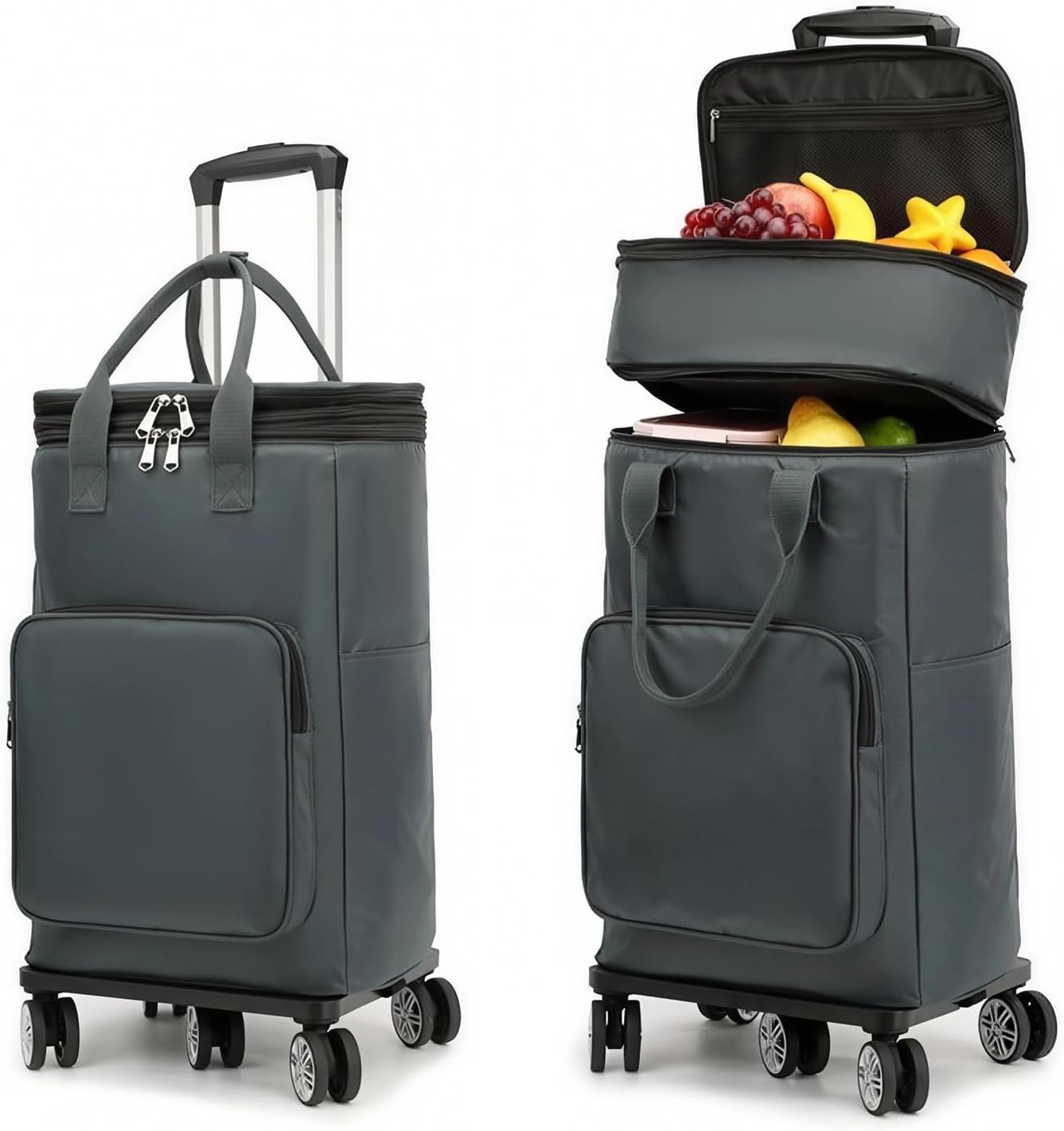 Insulated Folding Shopping Trolley Bag Wheels Telescopic Handle Grey