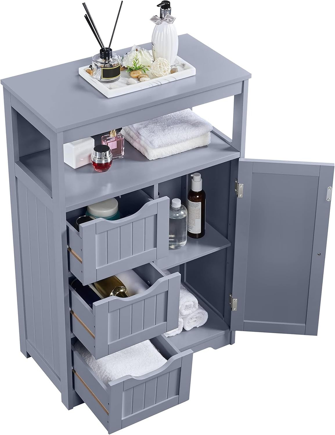 Grey Bathroom Storage Cabinet with 3 Drawers & Door Freestanding Unit
