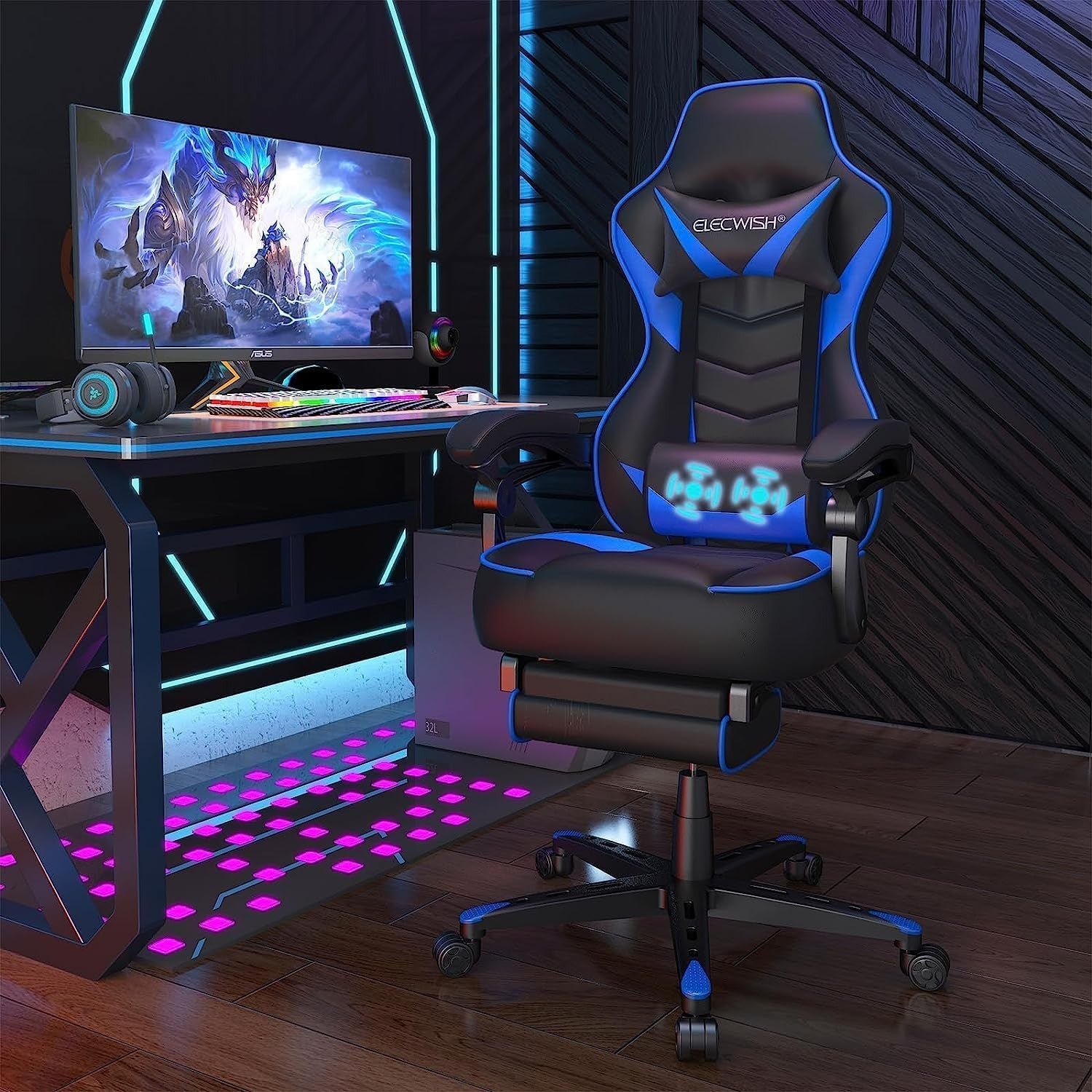 Ergonomic Gaming Chair with Footrest Massage 150° Recline Blue