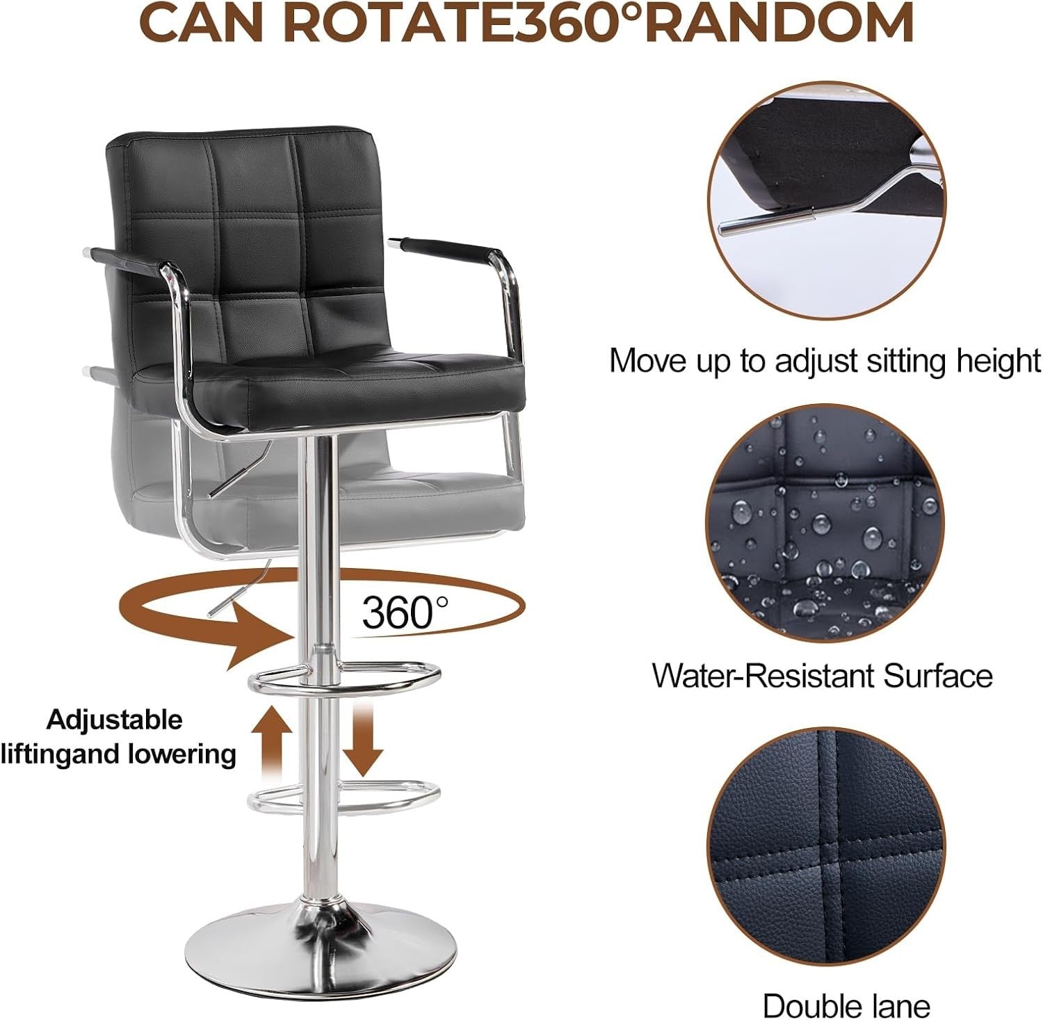 Black PU Leather Bar Stool Adjustable Height 360° Swivel with Armrest