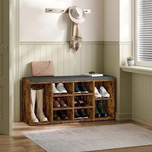 Rustic Shoe Storage Bench with Cushion Seat 9 Cubes Adjustable Shelves Entryway