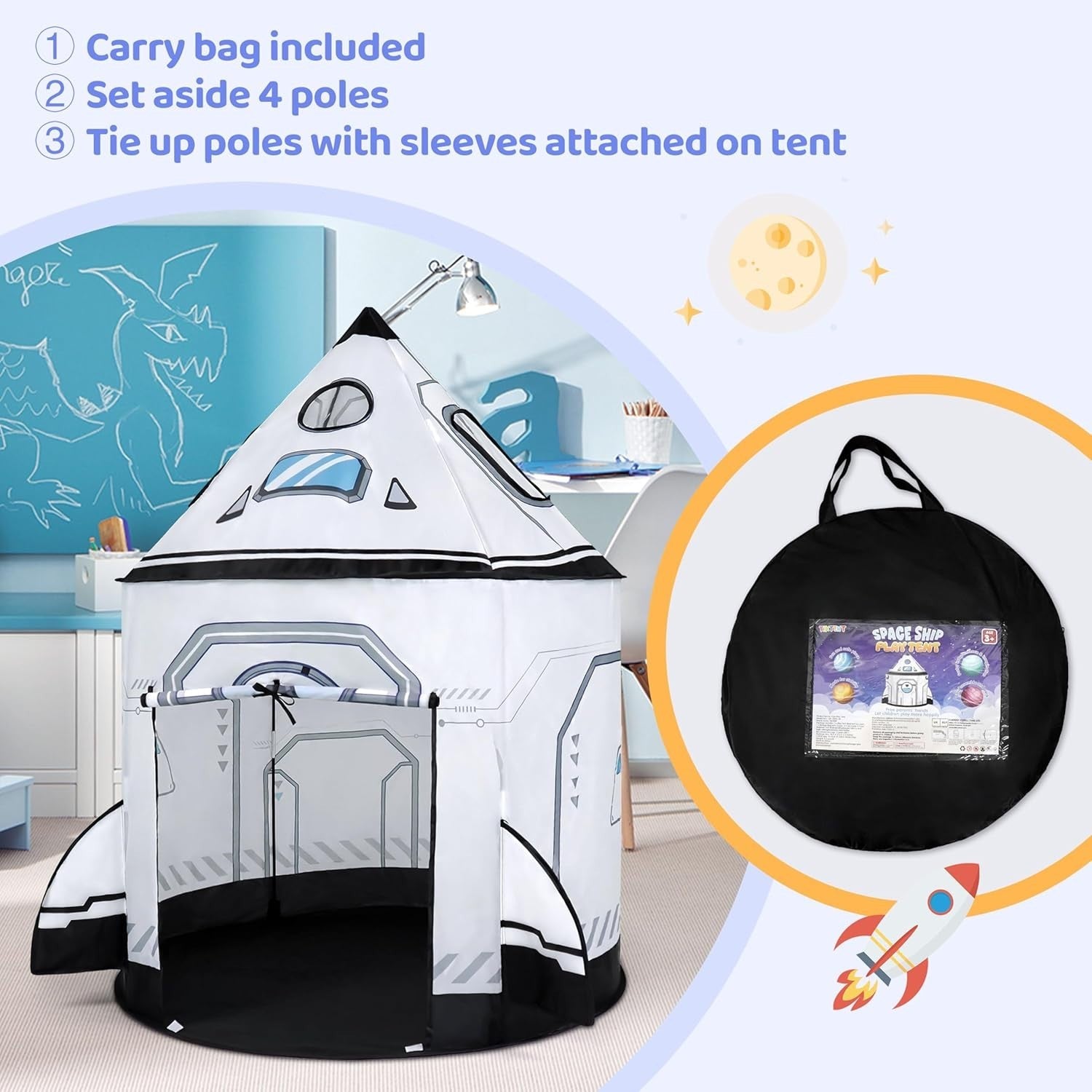 Rocket Ship Kids Play Tent Pop Up Indoor Outdoor Space Toy Toddler Gift
