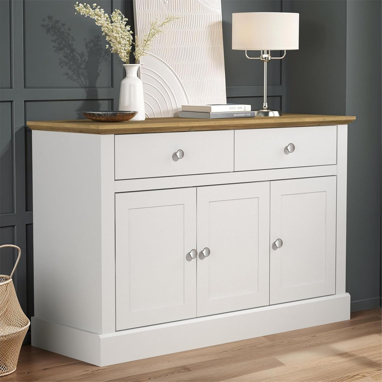 White oak Sideboard Cabinet with Drawers & Doors, Oak Top, Storage Unit