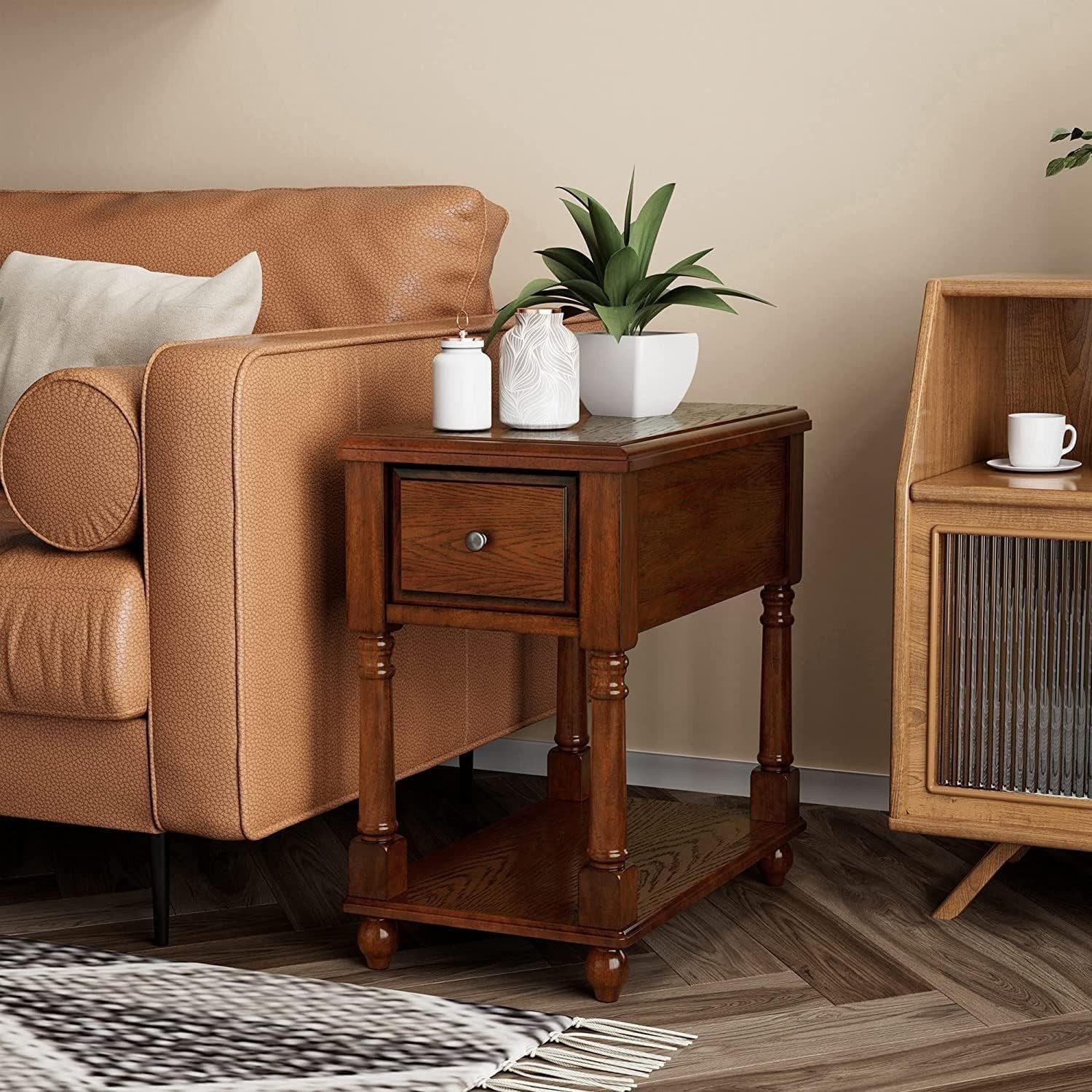 Solid Wood Narrow End Table with Drawer & Shelf – Dark Walnut Side Table