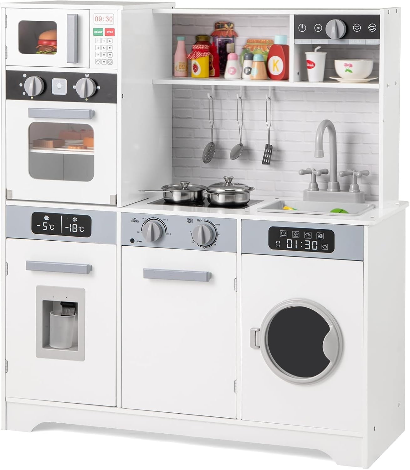 Kids Wooden Play Kitchen Lights Sounds Coffee Maker Laundry Set