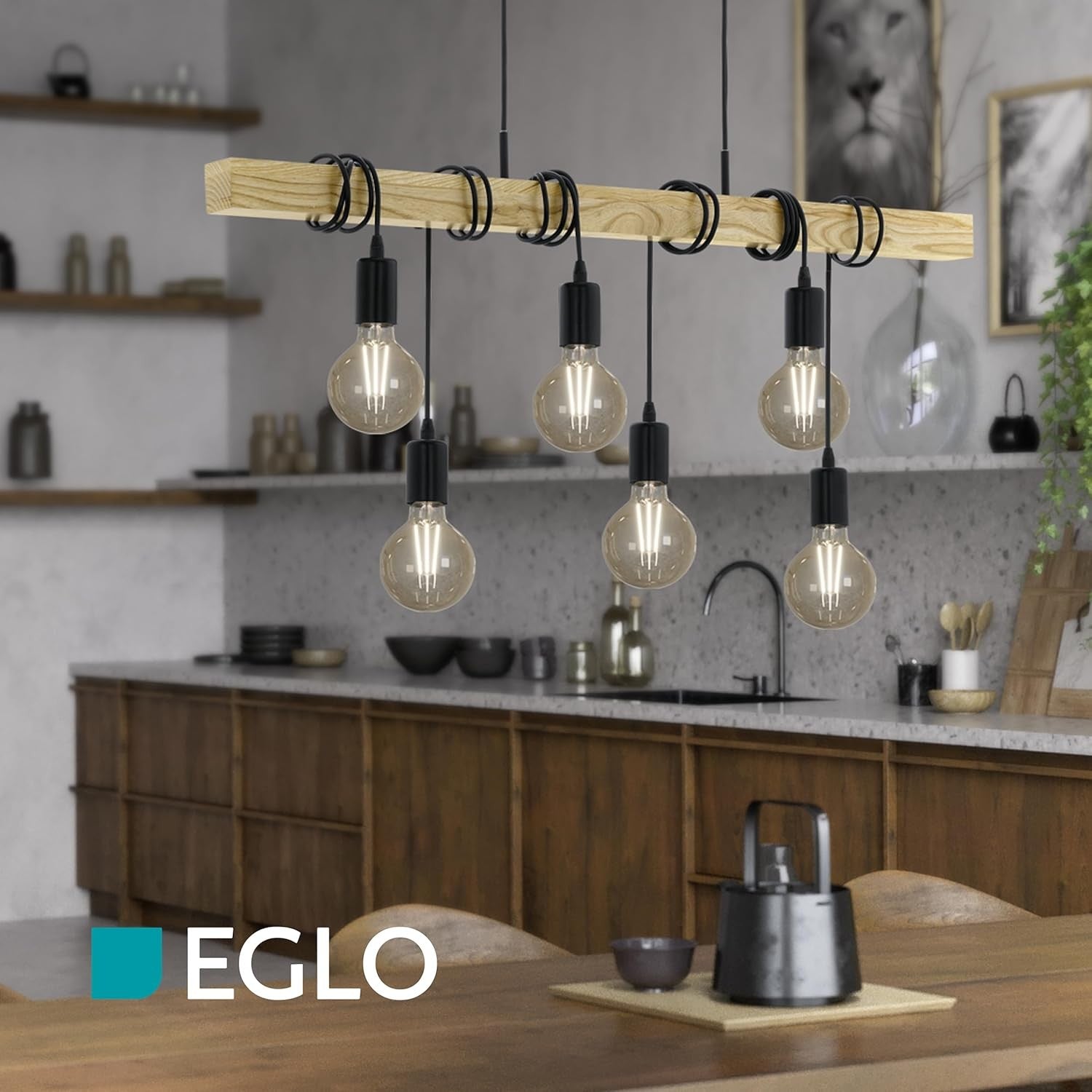 6 Light Industrial Pendant Ceiling Lamp Wood & Metal Vintage E27
