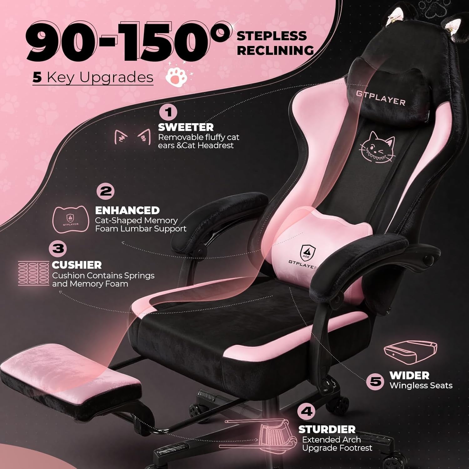 Reclining Gaming Chair w/ Footrest Cat Ears Fabric Pink
