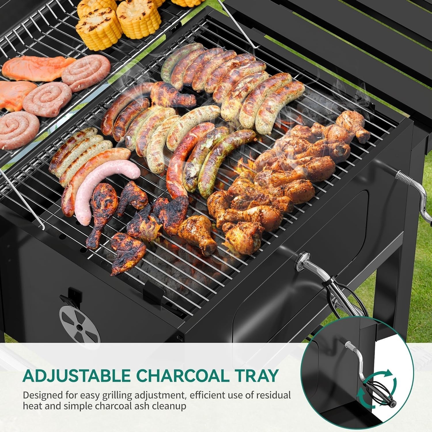 XL Charcoal BBQ Grill with Adjustable Cooking Height & Temp Gauge
