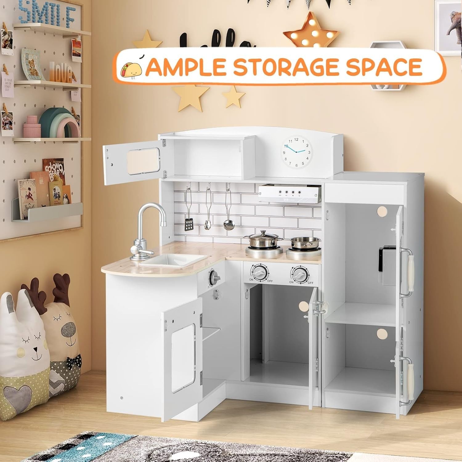Corner Kids Play Kitchen w/ Fridge Microwave Sink Water Dispenser