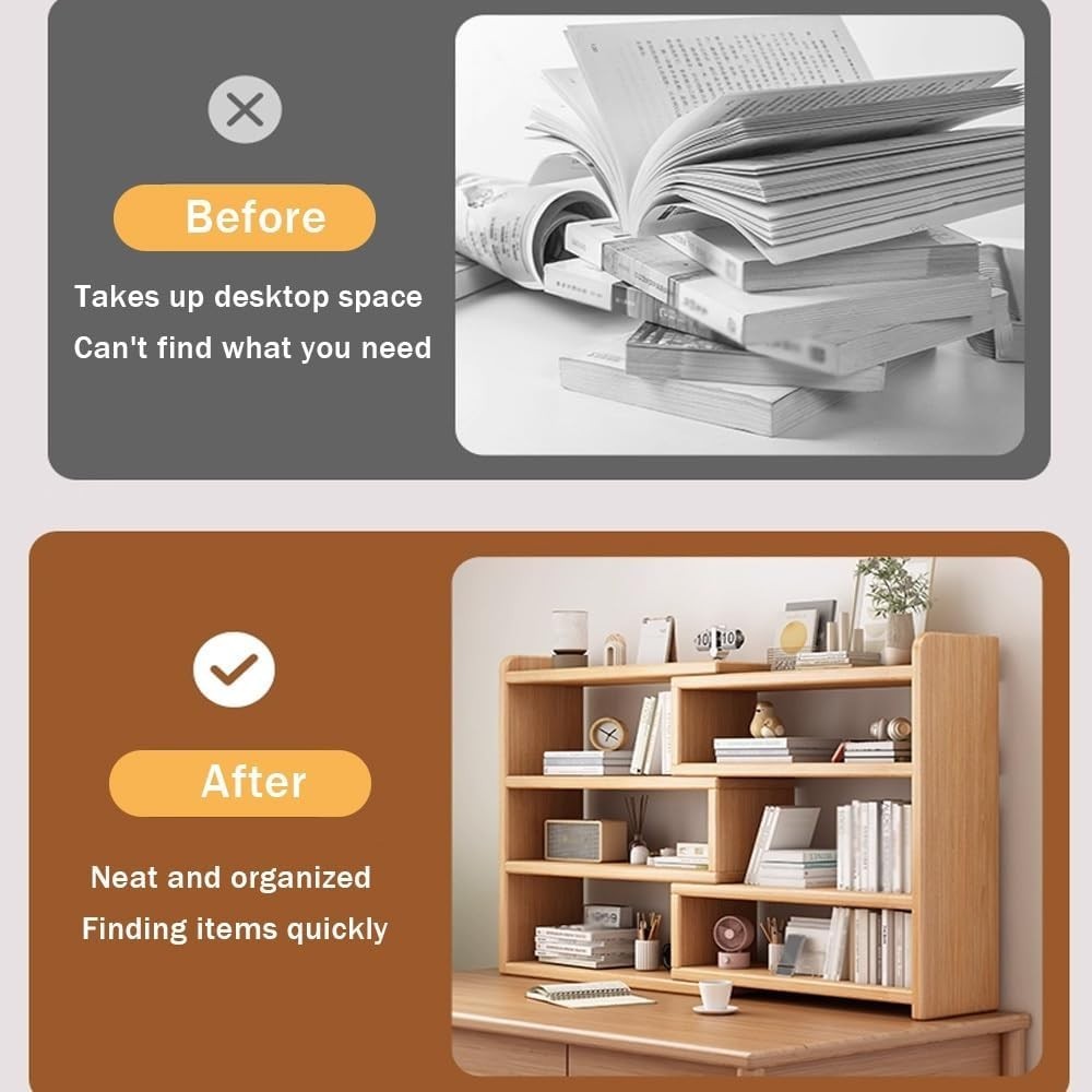 Expandable 3-Tier Wood Desktop Bookshelf | Adjustable Brown Desk Storage 30–60cm