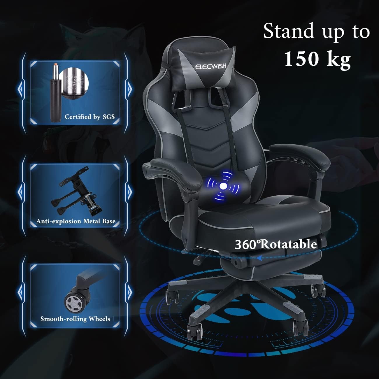 Gaming Chair with Massage & Footrest Reclining Ergonomic Grey