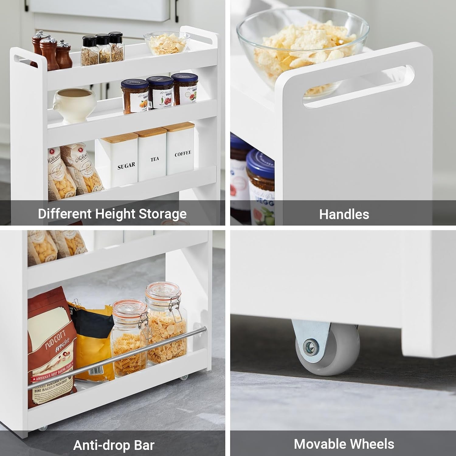 Slim Kitchen Storage Trolley 4 Tier Narrow Rolling Cart Bathroom Wheels