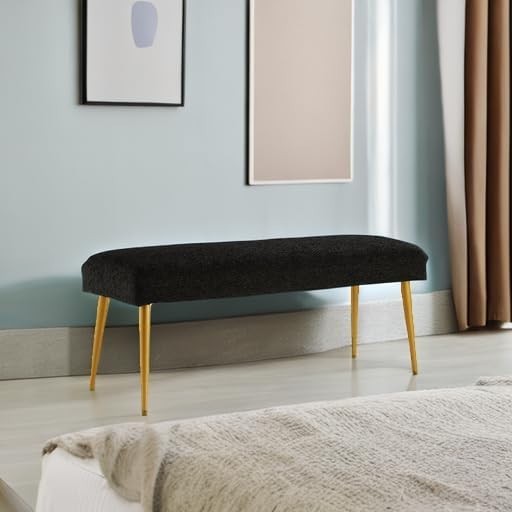 Luxury Black Upholstered Entryway Bench with Gold Metal Legs – 112cm Padded