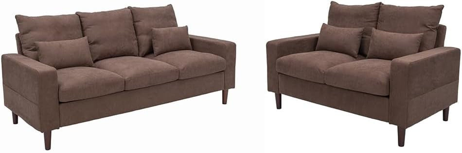 3+2 Seater Sofa Set Brown Linen Cushions Modern Compact Fabric Couch Suite